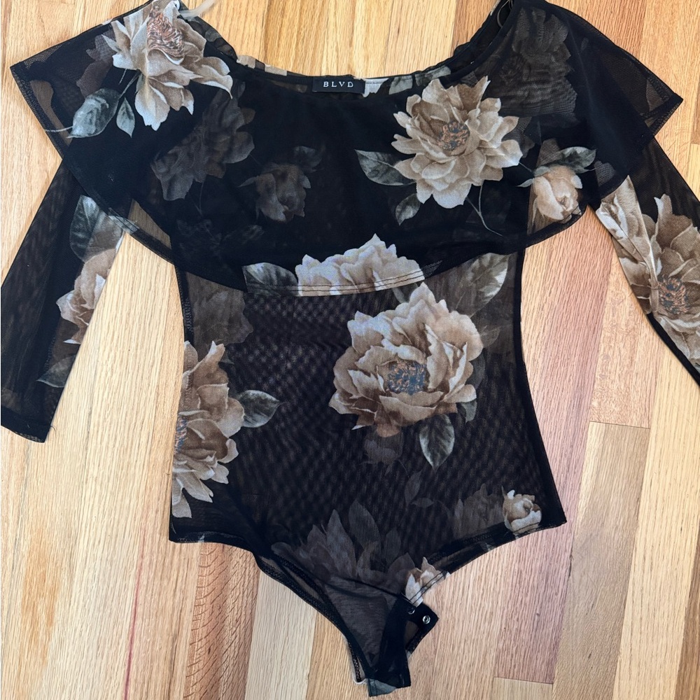 BLVD Black and Cream Floral Mesh Top